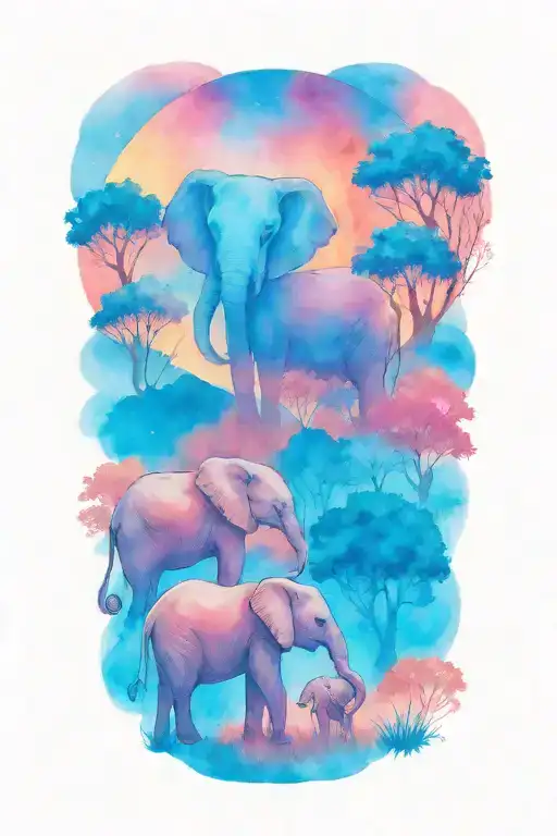mother elephant and two kids African forestry with large full moon and trees in the background  tattoo design idea