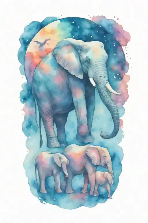elephant and her two kids under a full moon night time   tattoo design idea