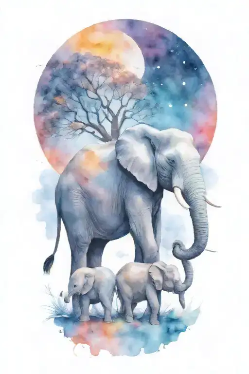 elephant and her two kids under a full moon night time   tattoo design idea