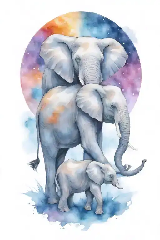 elephant and her two kids under a full moon night time   tattoo design idea
