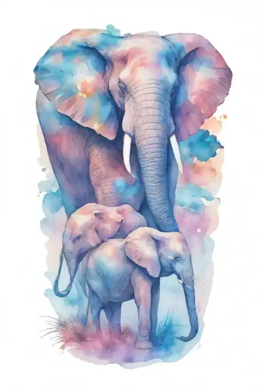 female african elephant and two kids in the moonlight tattoo design idea