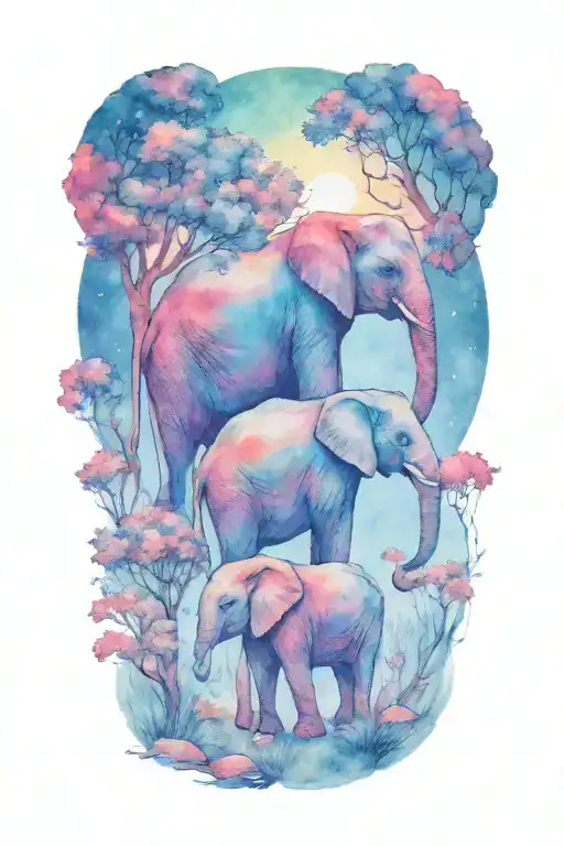 mother elephant and two kids, large full moon and trees in the background  tattoo design idea