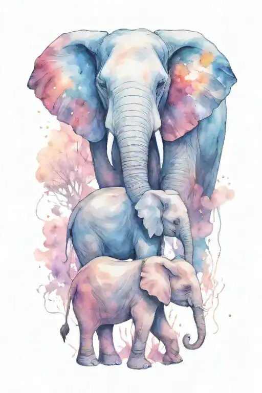 mother elephant and two kids under the night scene tattoo design idea
