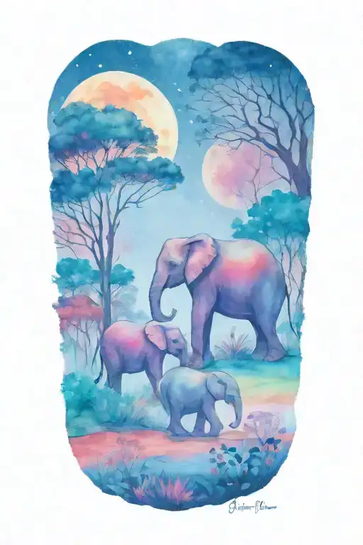 mother elephant and two kids, large full moon and forestry in the background  tattoo design idea