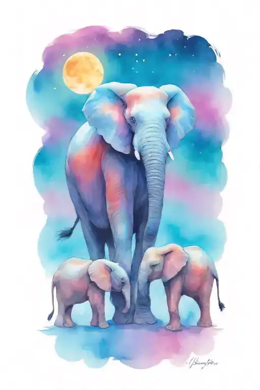 female african elephant and two kids in the moonlight tattoo design idea