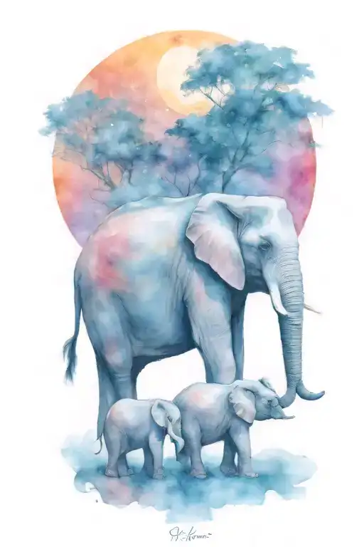 elephant and her two kids under a full moon night time   tattoo design idea