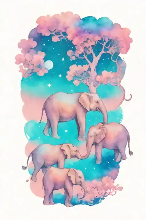 mother elephant and two kids under the night sky and full moon tattoo design idea