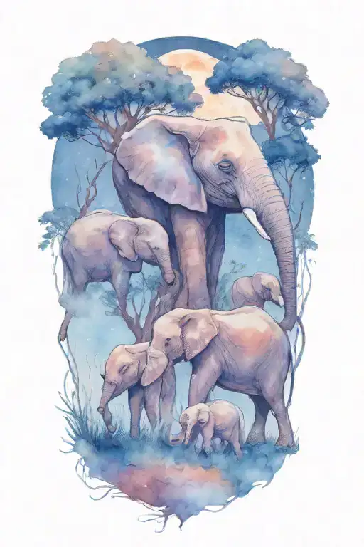 mother elephant and two kids African forestry with large full moon and trees in the background  tattoo design idea