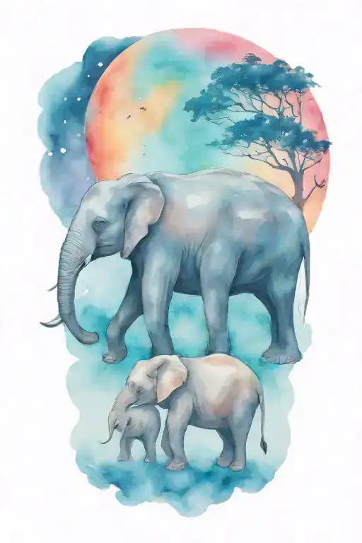 elephant and her two kids under a full moon night time   tattoo design idea