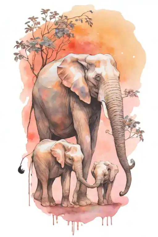 elephant and her two kids. under full moon surrounded tattoo design idea