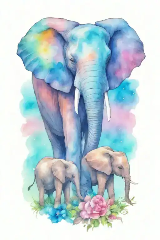 loving female african elephant and two kids in the moonlight with flowers tattoo design idea