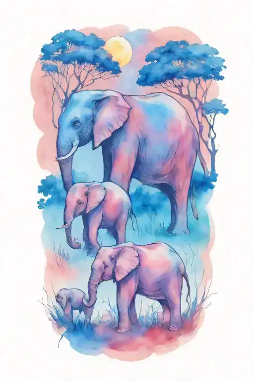 mother elephant and two kids African forestry with large full moon and trees in the background  tattoo design idea