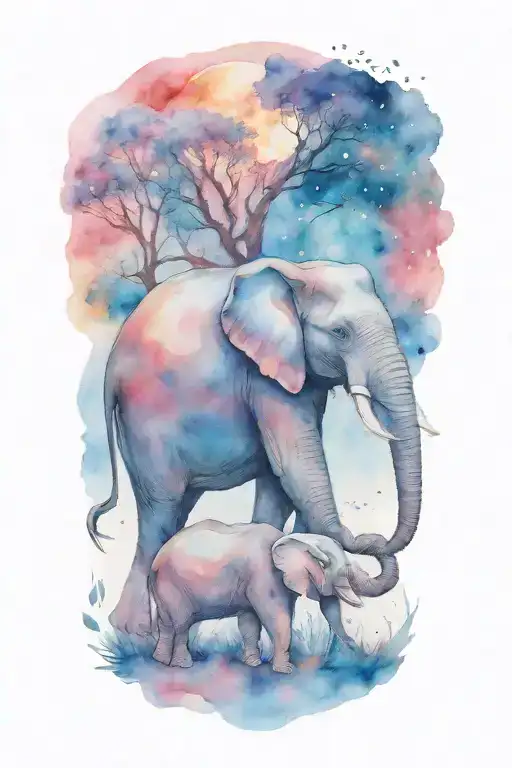 elephant and her two kids under a full moon night time   tattoo design idea