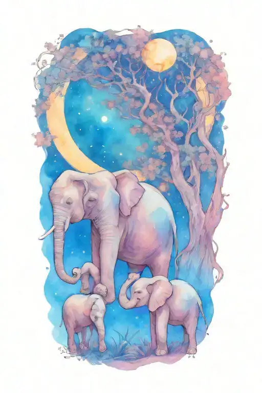 mother elephant and two kids. with large full moon and trees in the background  tattoo design idea