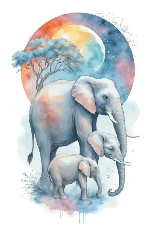 elephant and her two children with a large moon in the background tattoo design idea