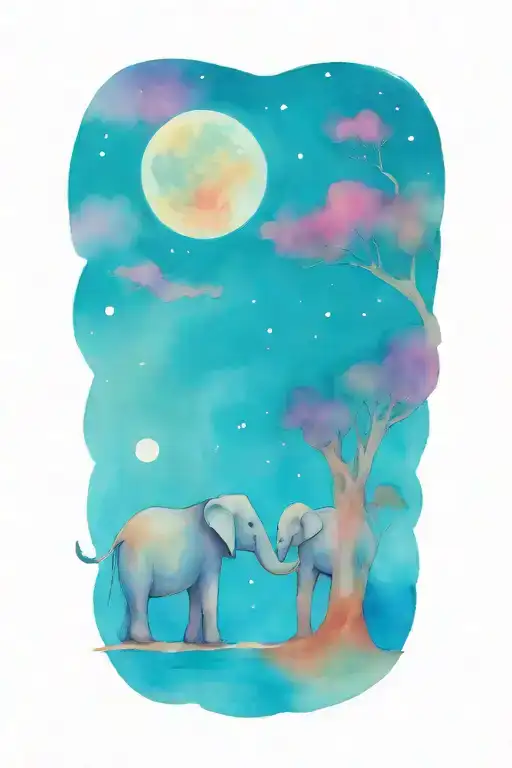 elephant and her two kids under a full moon night time   tattoo design idea