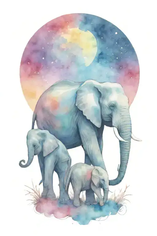 elephant and her two children with a large moon in the background tattoo design idea