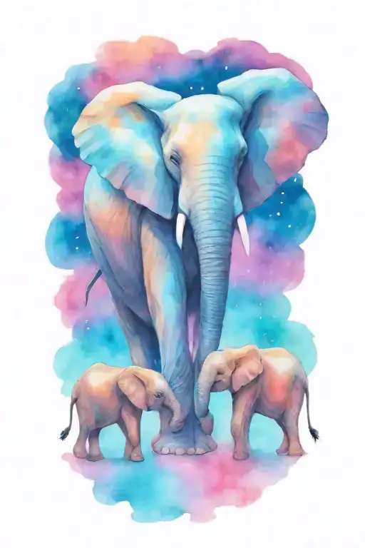 female african elephant and two kids in the moonlight tattoo design idea