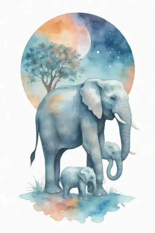 elephant and her two kids under a full moon night time   tattoo design idea