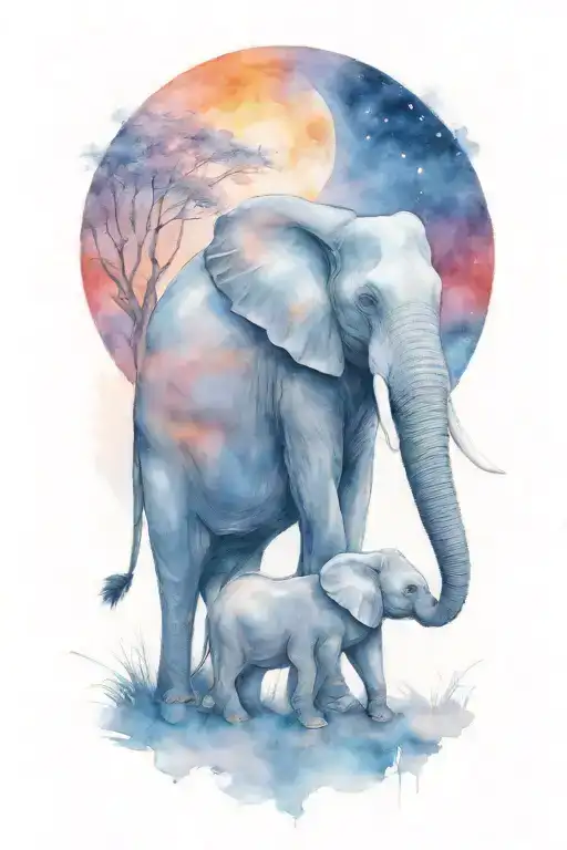 elephant and her two kids under a full moon night time   tattoo design idea