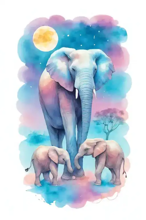 female african elephant and two kids in the moonlight tattoo design idea