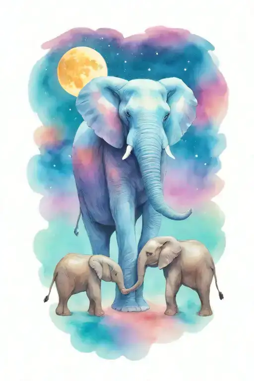 female african elephant and two kids in the moonlight tattoo design idea