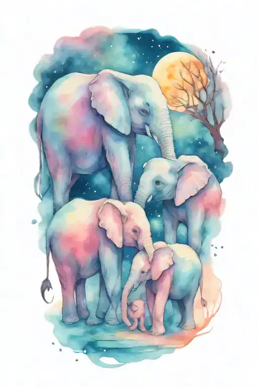mother elephant and two kids under the night sky and full moon tattoo design idea