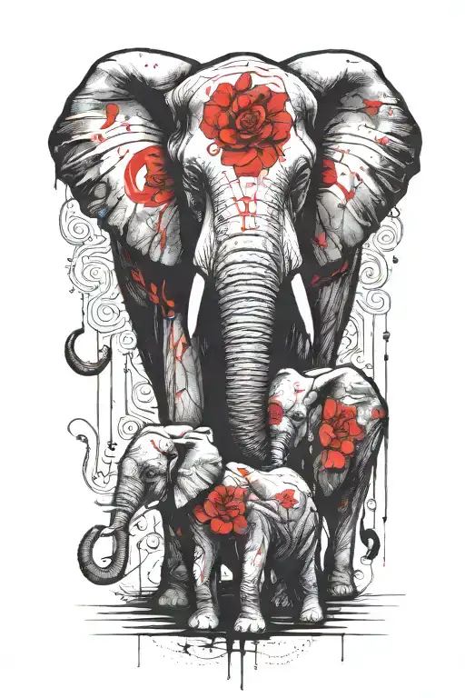mother elephant and her two young children sitting tattoo design idea