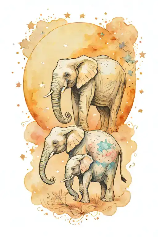 mother elephant with her two children large moon in the background and stars in the sky tattoo design idea