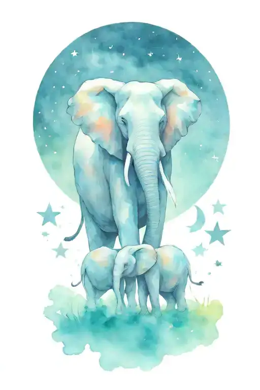 mother elephant and two kids under the night sky filled with stars tattoo design idea