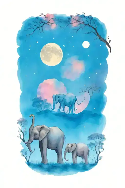 mother elephant and two kids African forestry with large full moon and trees in the background  tattoo design idea