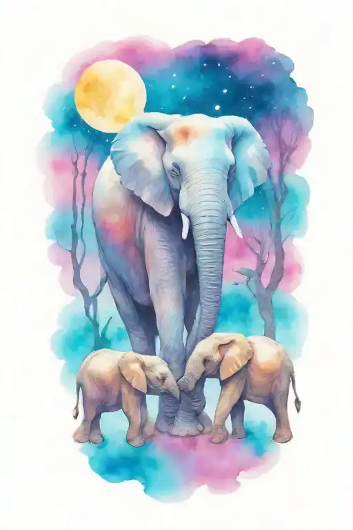 female african elephant and two kids in the moonlight tattoo design idea