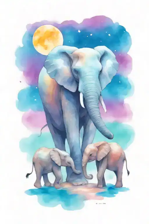 female african elephant and two kids in the moonlight tattoo design idea