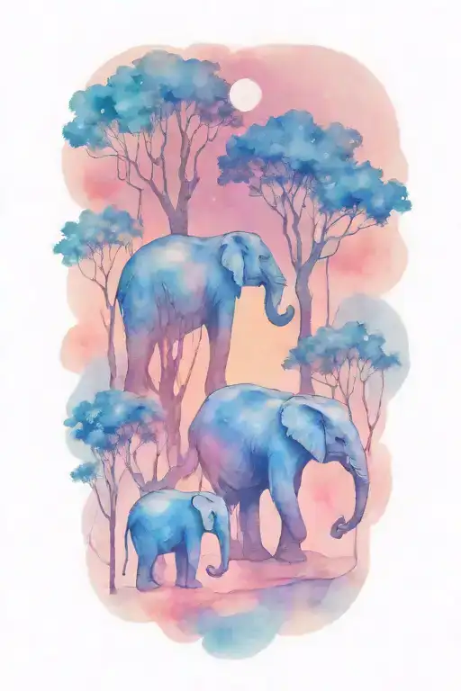 mother elephant and two kids. with large full moon and trees in the background  tattoo design idea