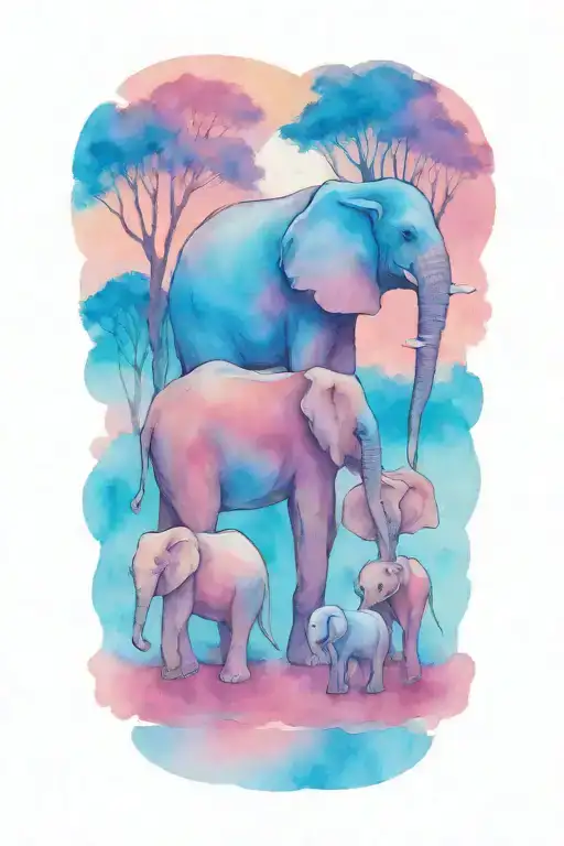 mother elephant and two kids African forestry with large full moon and trees in the background  tattoo design idea