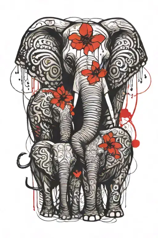 mother elephant and her two young children sitting tattoo design idea