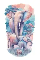 mother elephant and two kids African forestry with large full moon and trees in the background  tattoo design idea