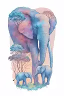 mother elephant and two kids African forestry with large full moon and trees in the background  tattoo design idea