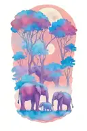 mother elephant and two kids African forestry with large full moon and trees in the background  tattoo design idea