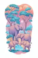 mother elephant and two kids African forestry with large full moon and trees in the background  tattoo design idea