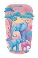mother elephant and two kids African forestry with large full moon and trees in the background  tattoo design idea