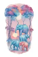 mother elephant and two kids African forestry with large full moon and trees in the background  tattoo design idea