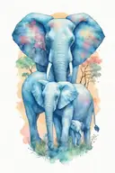 mother elephant and two kids African forestry with large full moon and trees in the background  tattoo design idea