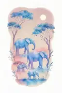 mother elephant and two kids African forestry with large full moon and trees in the background  tattoo design idea