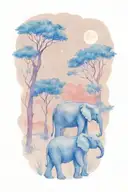 mother elephant and two kids African forestry with large full moon and trees in the background  tattoo design idea