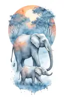 elephant and her two kids under a full moon night time   tattoo design idea