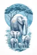 mother elephant and two kids African forestry with large full moon and trees in the background  tattoo design idea