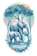mother elephant and two kids African forestry with large full moon and trees in the background  tattoo design idea
