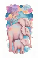 mother elephant and two kids under the night sky and full moon tattoo design idea