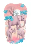 mother elephant and two kids under the night sky and full moon tattoo design idea